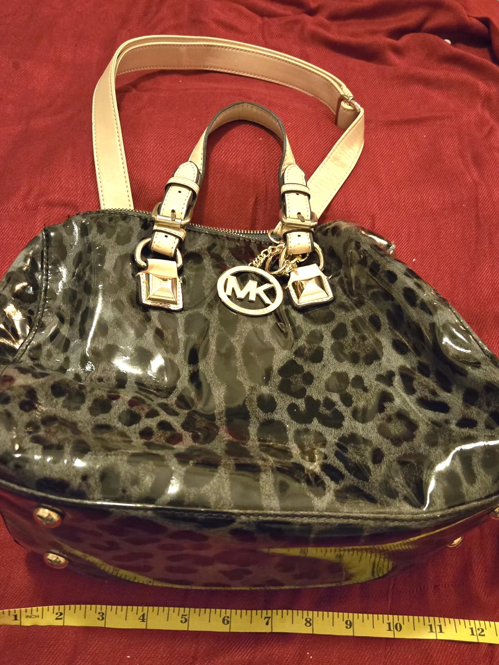 Michael Kors Animal Print Patent Satchel in Dark Olive/Beige